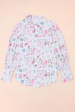 Clearance Dear-Lover Abstract Print Lantern Sleeve Casual Shirt Multicolor