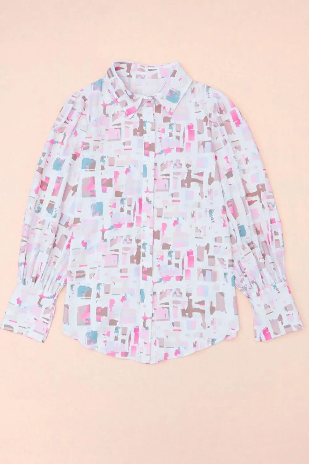 Clearance Dear-Lover Abstract Print Lantern Sleeve Casual Shirt Multicolor
