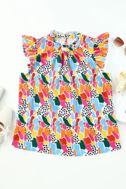 Discount Dear-Lover Abstract Print High Neck Flutter Sleeves Top Multicolor