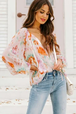 Online Dear-Lover Abstract Print Split Neck Puff Sleeve Blouse Multicolor