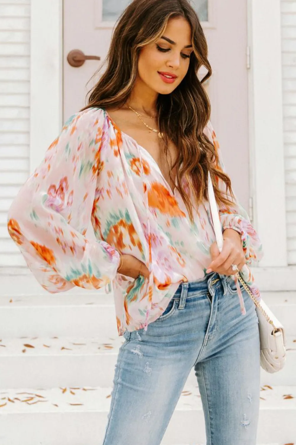 Online Dear-Lover Abstract Print Split Neck Puff Sleeve Blouse Multicolor