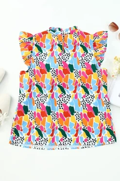 Discount Dear-Lover Abstract Print High Neck Flutter Sleeves Top Multicolor