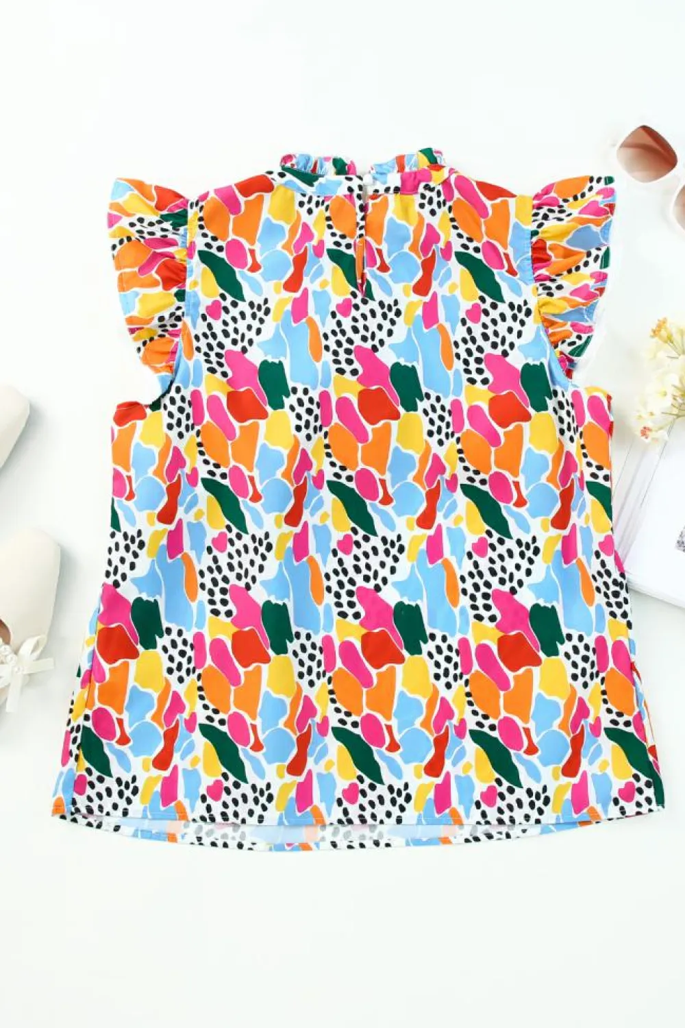 Discount Dear-Lover Abstract Print High Neck Flutter Sleeves Top Multicolor