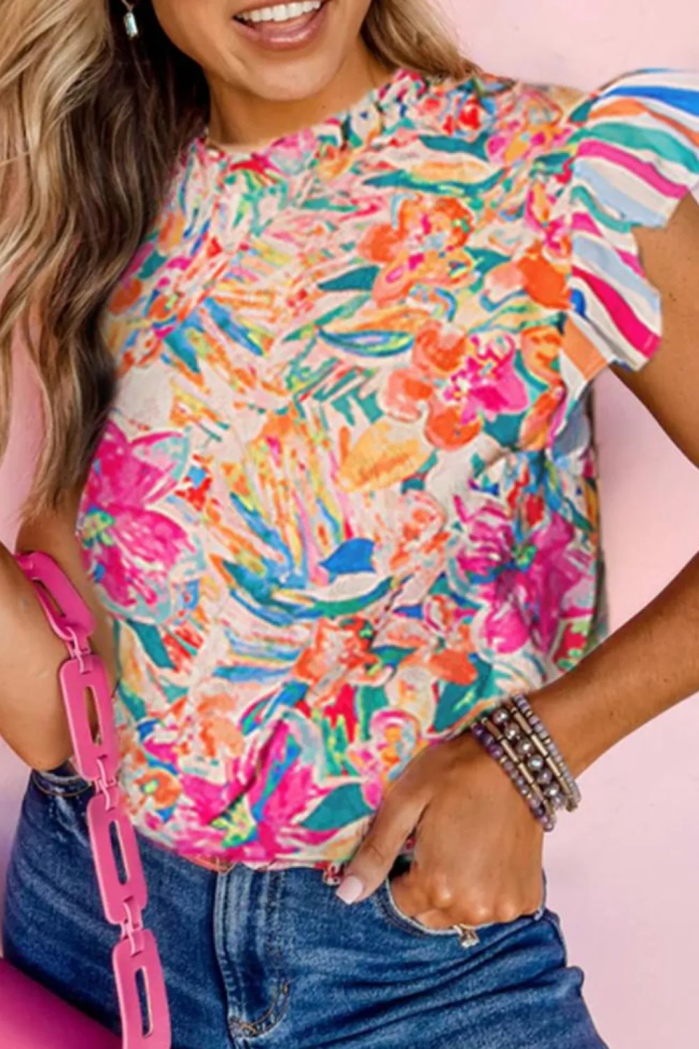 Online Dear-Lover Abstract Striped Patchwork Ruffled Short Sleeve Blouse Multicolor