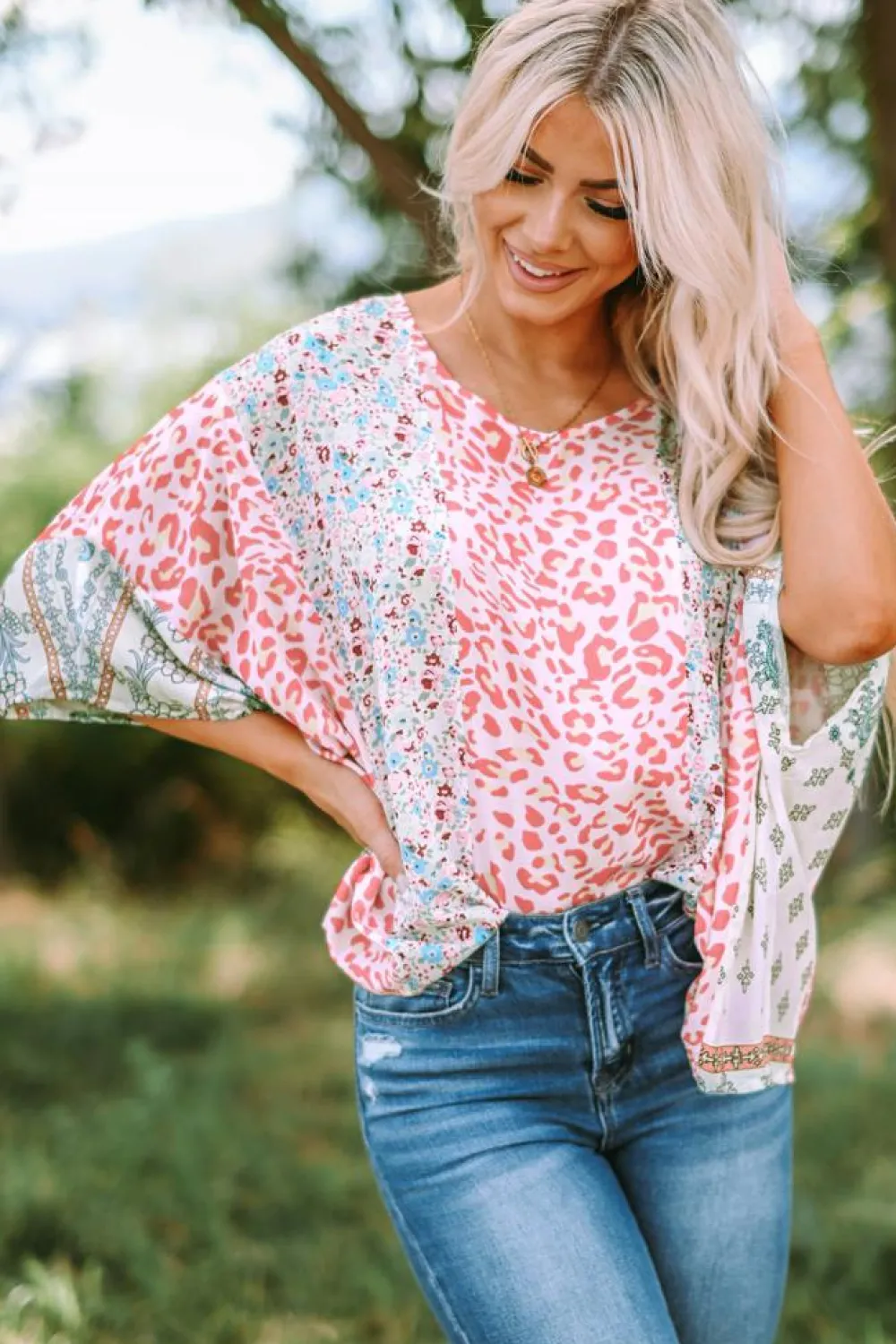 Best Dear-Lover Animal Floral Mix Print Cape Top Multicolor