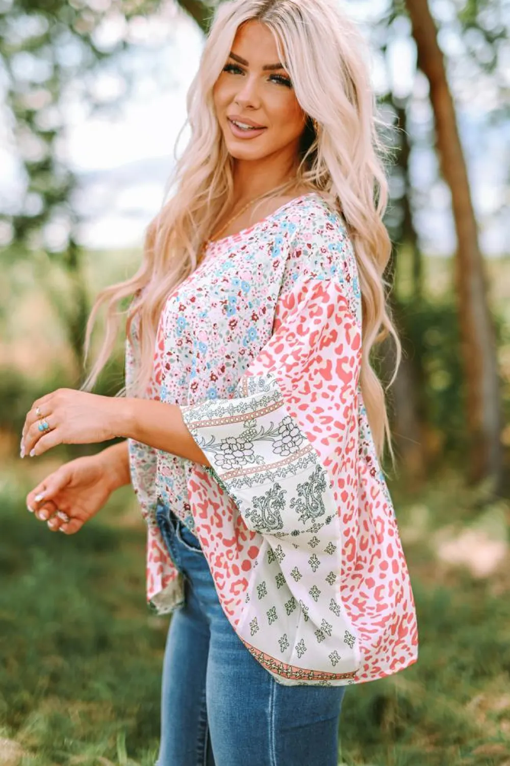 Best Dear-Lover Animal Floral Mix Print Cape Top Multicolor