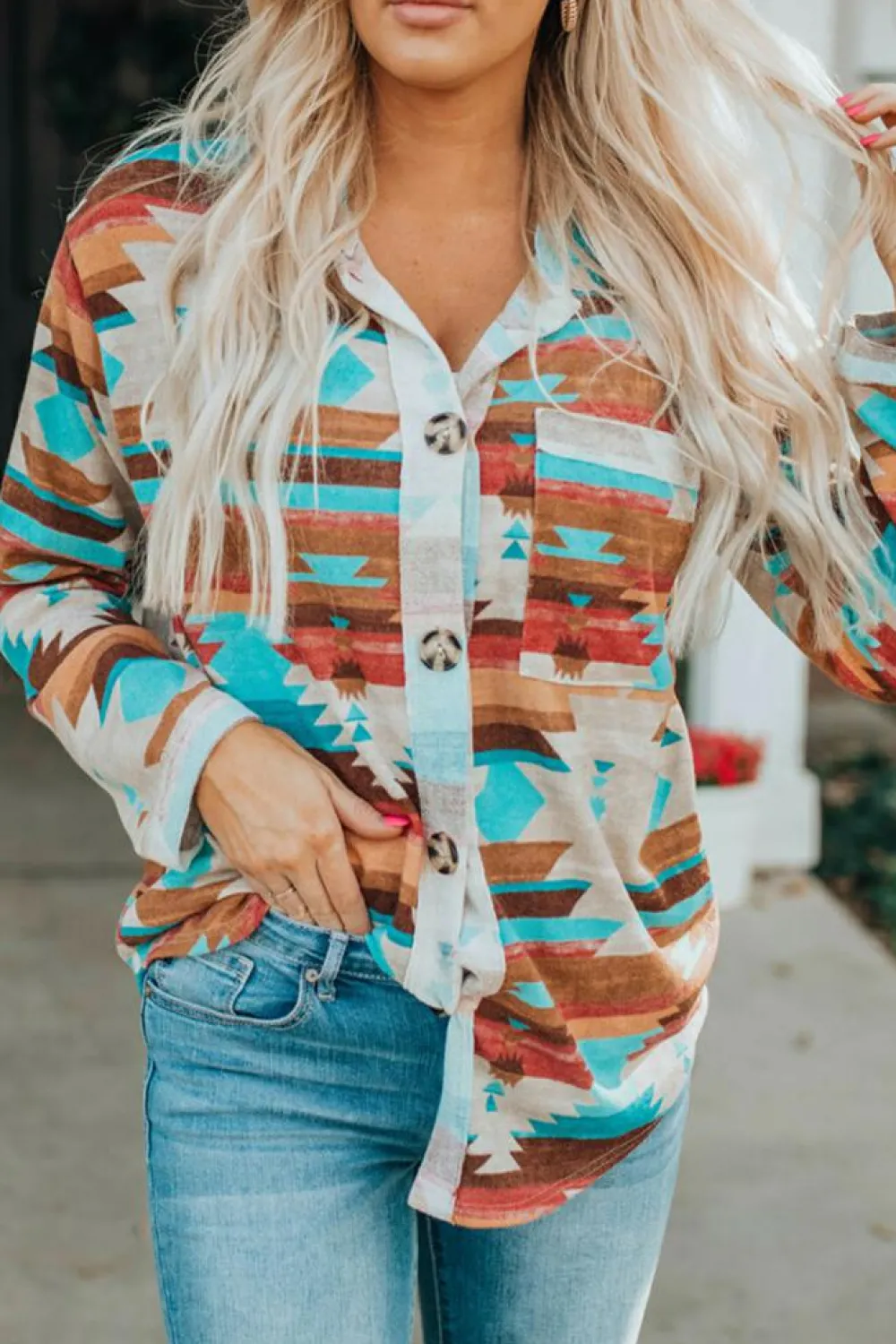 Sale Dear-Lover Aztec Print Buttoned Pocket Chest Long Sleeve Shirt Multicolor