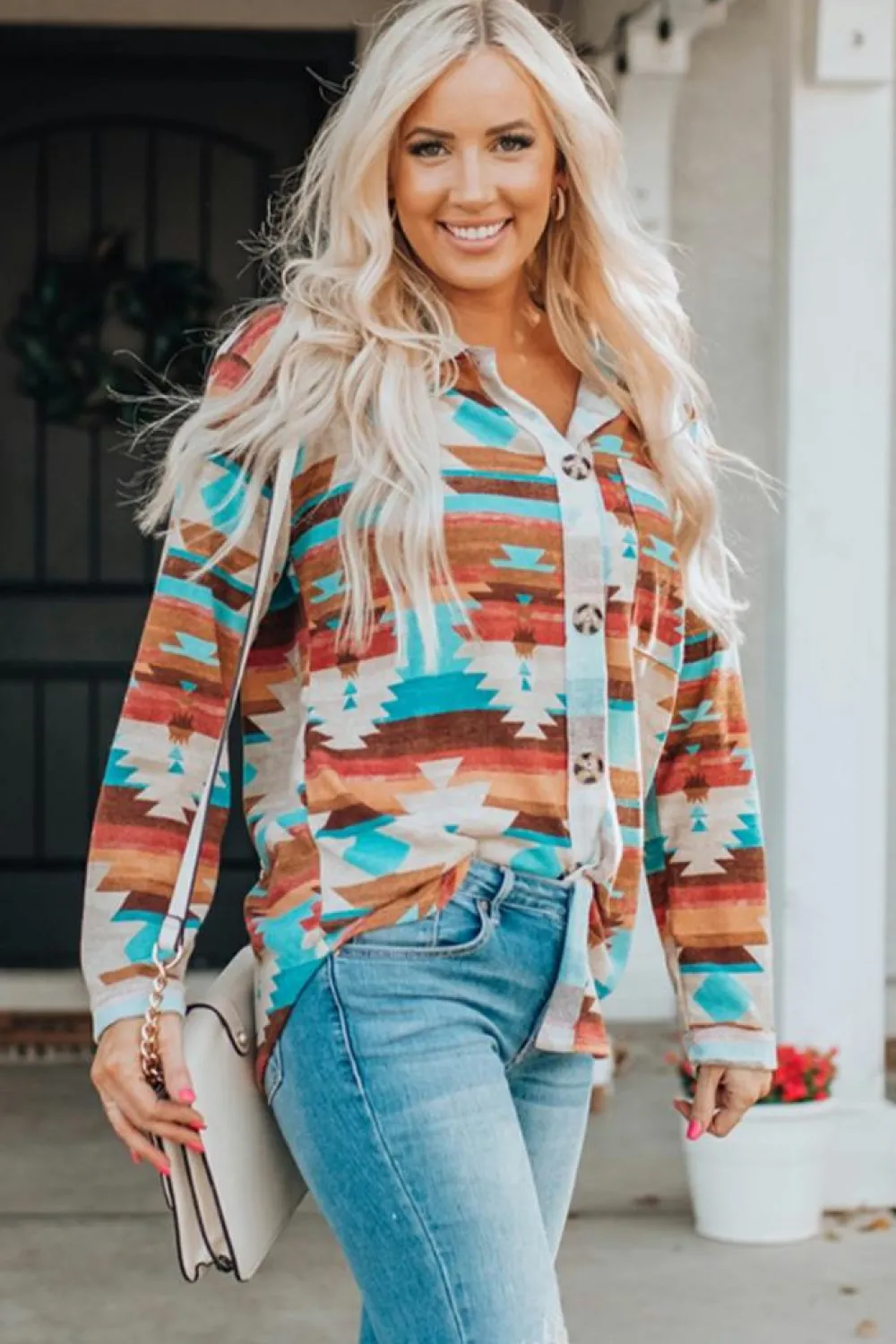 Sale Dear-Lover Aztec Print Buttoned Pocket Chest Long Sleeve Shirt Multicolor