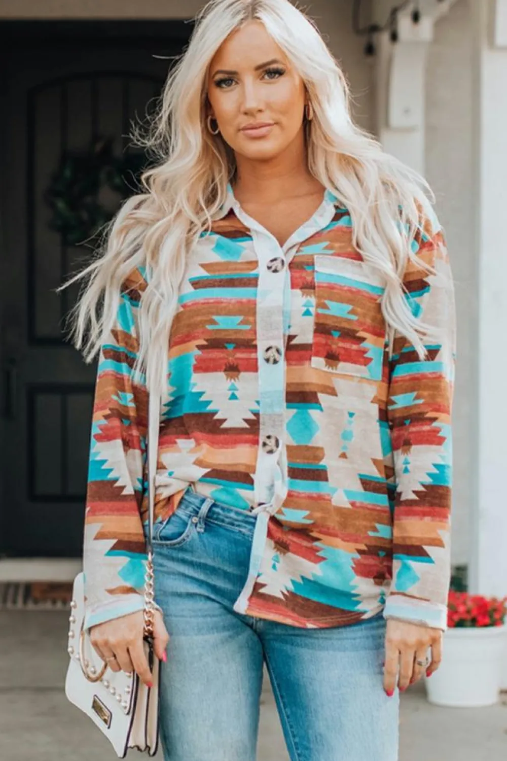 Sale Dear-Lover Aztec Print Buttoned Pocket Chest Long Sleeve Shirt Multicolor