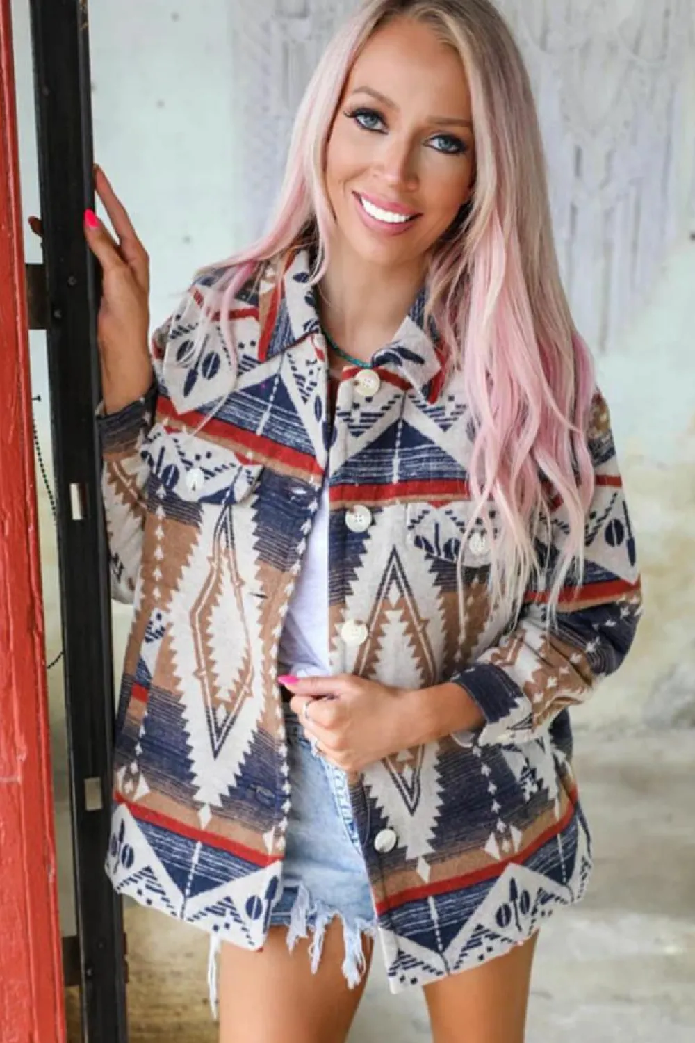 Clearance Dear-Lover Aztec Print Button-Up Oversized Jacket Multicolor