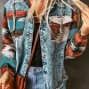 Online Dear-Lover Aztec Print Frayed Hem Denim Jacket Multicolor