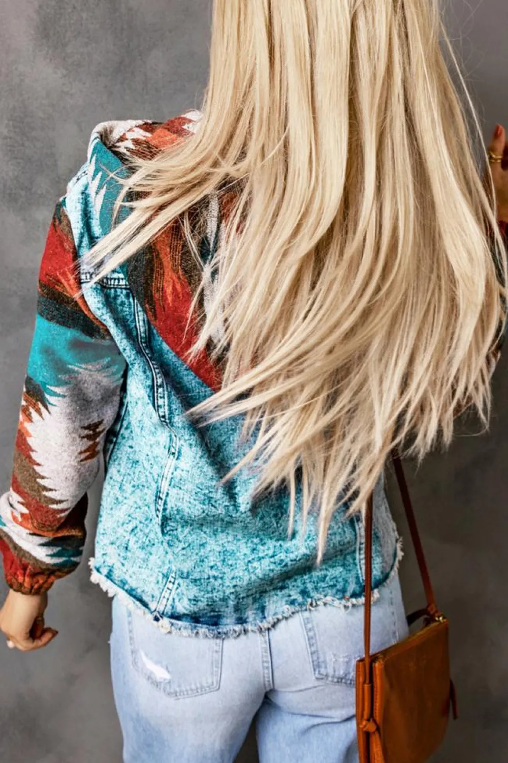 Online Dear-Lover Aztec Print Frayed Hem Denim Jacket Multicolor