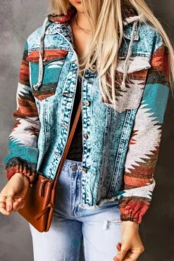 Online Dear-Lover Aztec Print Frayed Hem Denim Jacket Multicolor