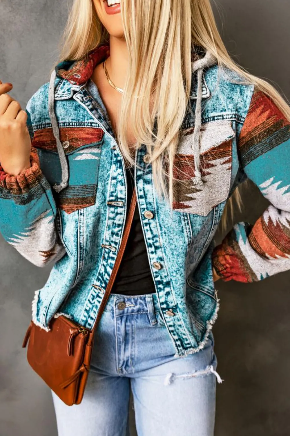 Online Dear-Lover Aztec Print Frayed Hem Denim Jacket Multicolor