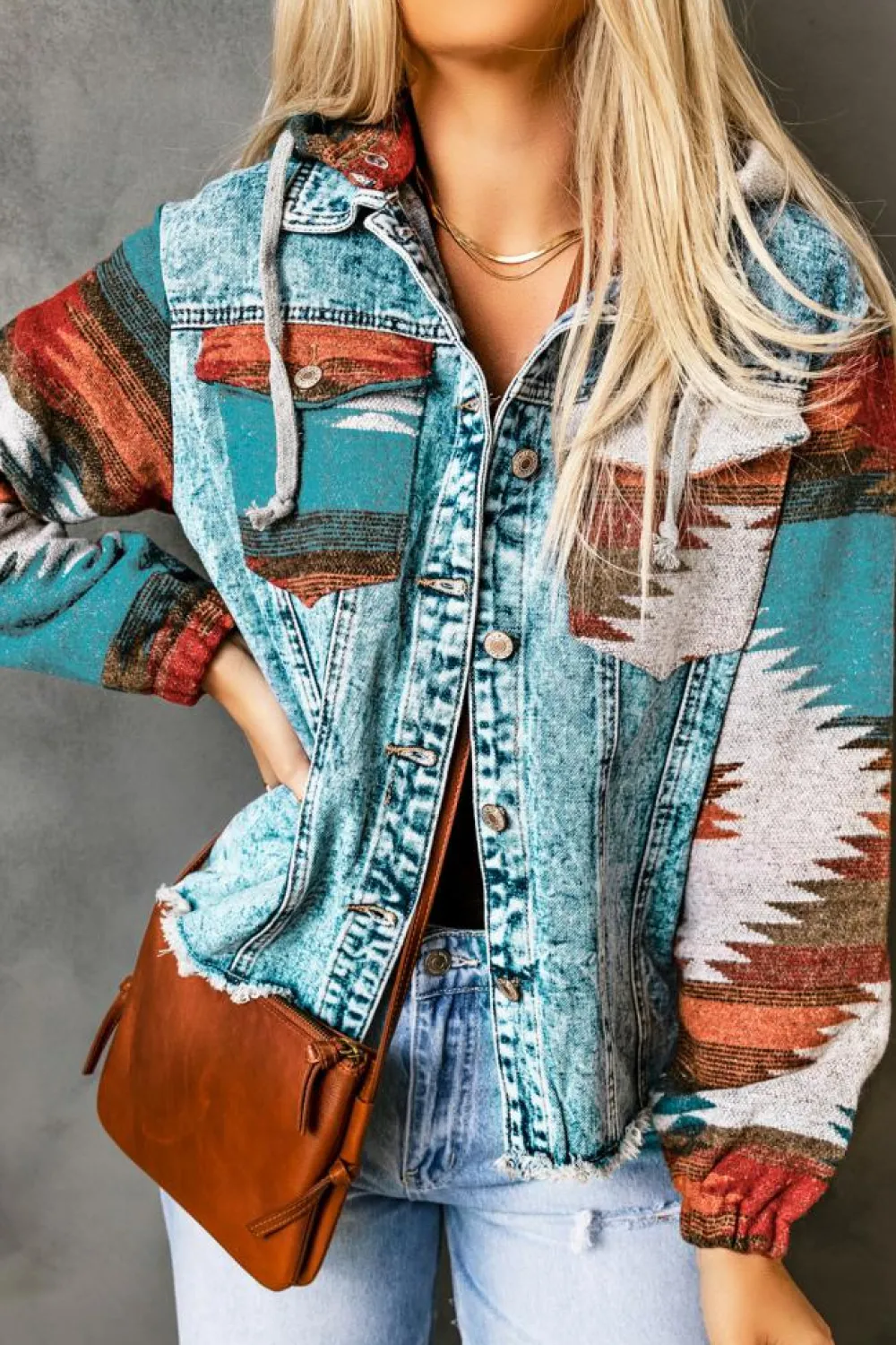Online Dear-Lover Aztec Print Frayed Hem Denim Jacket Multicolor