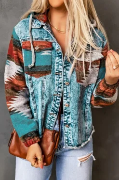 Online Dear-Lover Aztec Print Frayed Hem Denim Jacket Multicolor