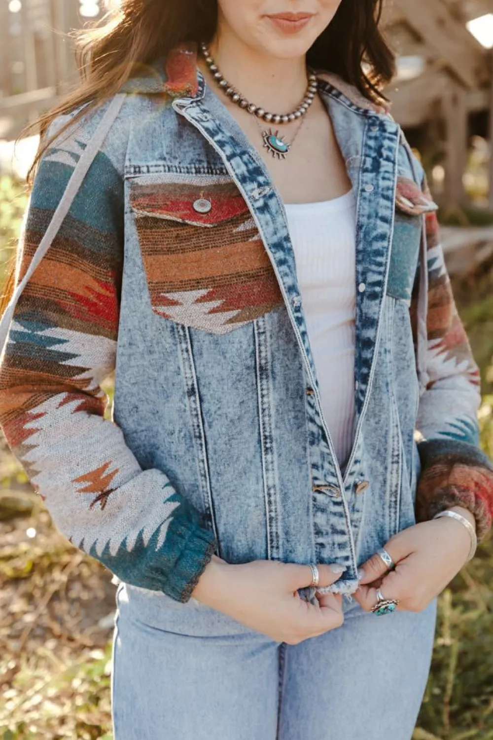 Online Dear-Lover Aztec Print Frayed Hem Denim Jacket Multicolor