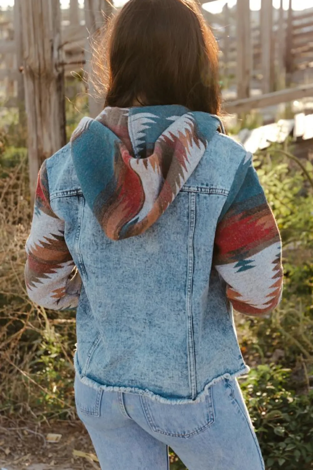 Online Dear-Lover Aztec Print Frayed Hem Denim Jacket Multicolor