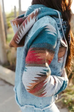 Online Dear-Lover Aztec Print Frayed Hem Denim Jacket Multicolor