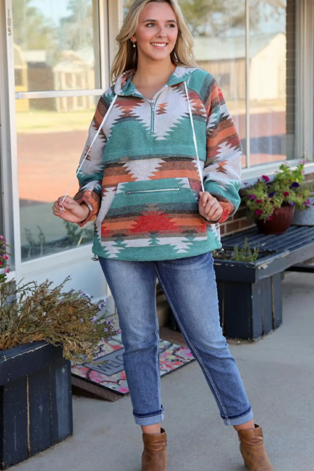 Discount Dear-Lover Aztec Print Zipped Split Neck Hoodie Multicolor