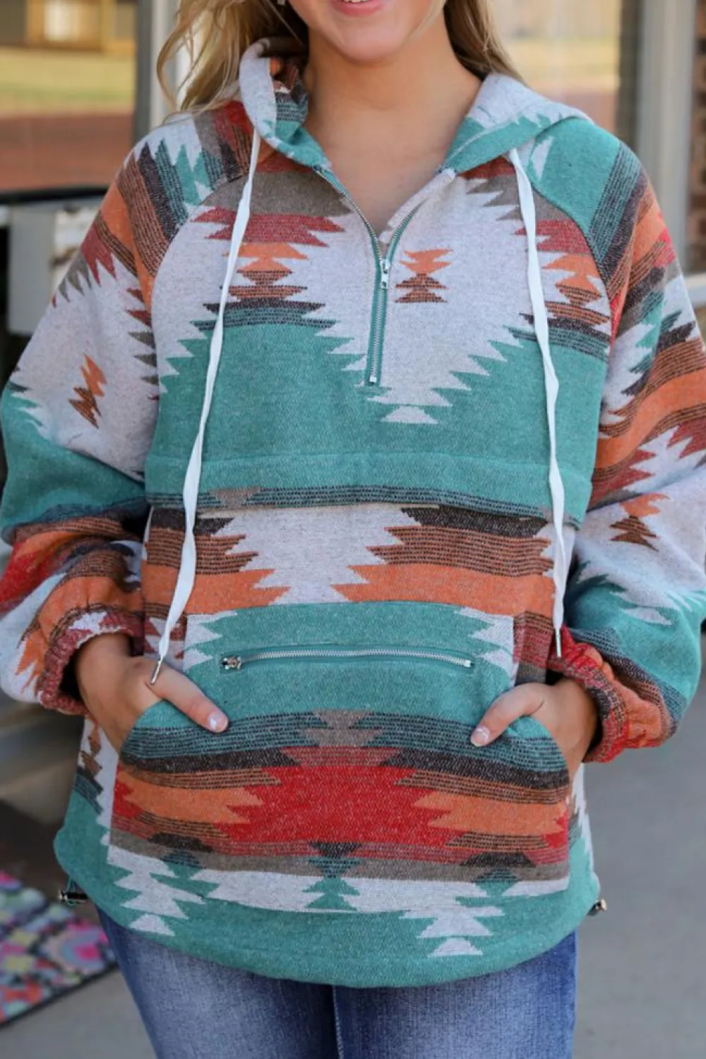 Discount Dear-Lover Aztec Print Zipped Split Neck Hoodie Multicolor