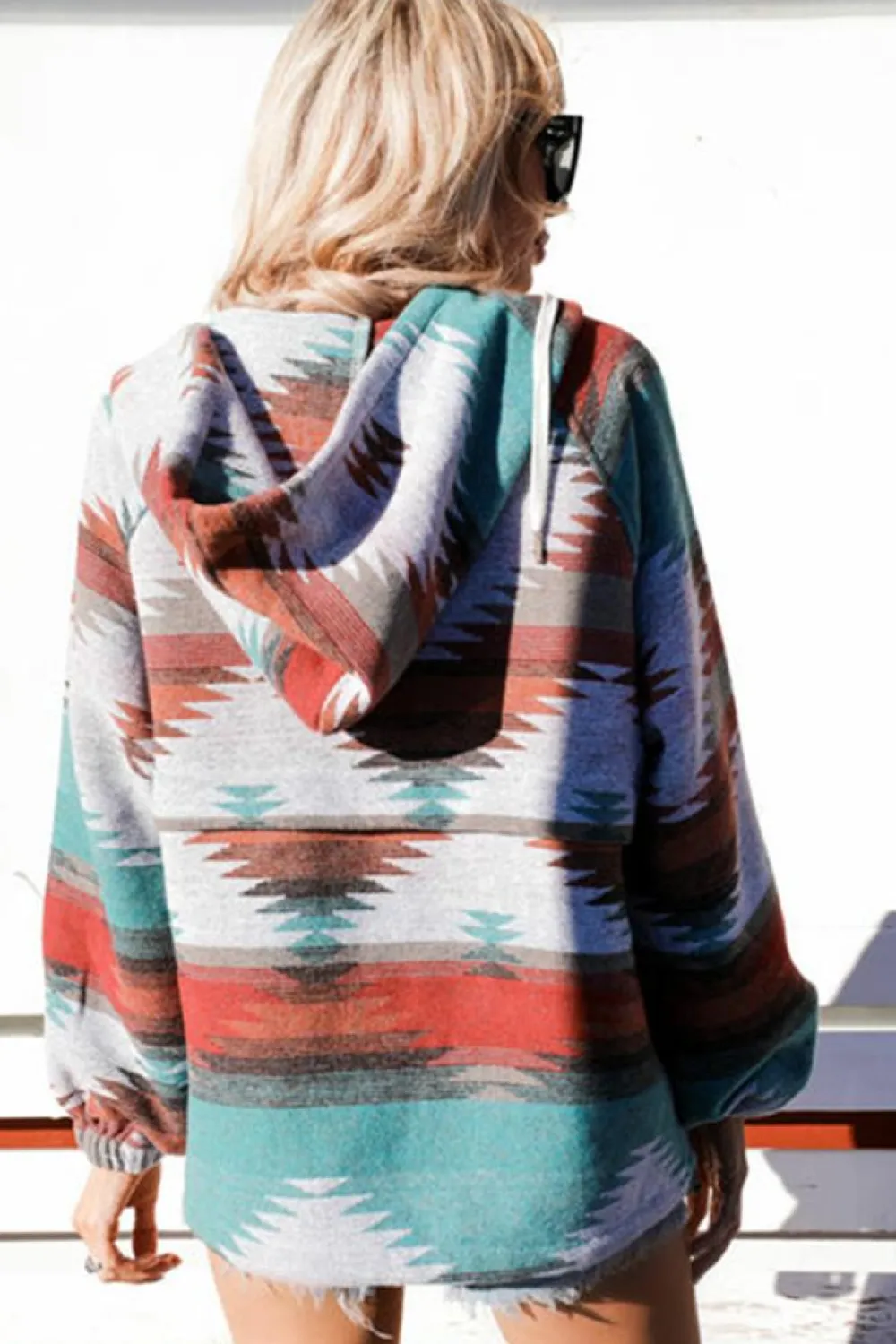 Discount Dear-Lover Aztec Print Zipped Split Neck Hoodie Multicolor