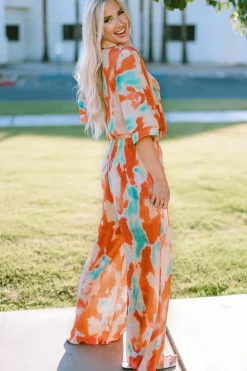 Hot Dear-Lover Bohemian Tie Dye Pleated Shirt Collar Loose Jumpsuit Multicolor