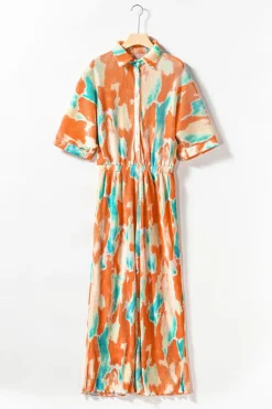 Hot Dear-Lover Bohemian Tie Dye Pleated Shirt Collar Loose Jumpsuit Multicolor