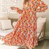 Discount Dear-Lover Boho Floral Collared Long Sleeve Ruffled Dress Multicolor