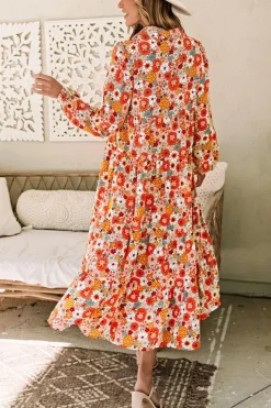 Discount Dear-Lover Boho Floral Collared Long Sleeve Ruffled Dress Multicolor