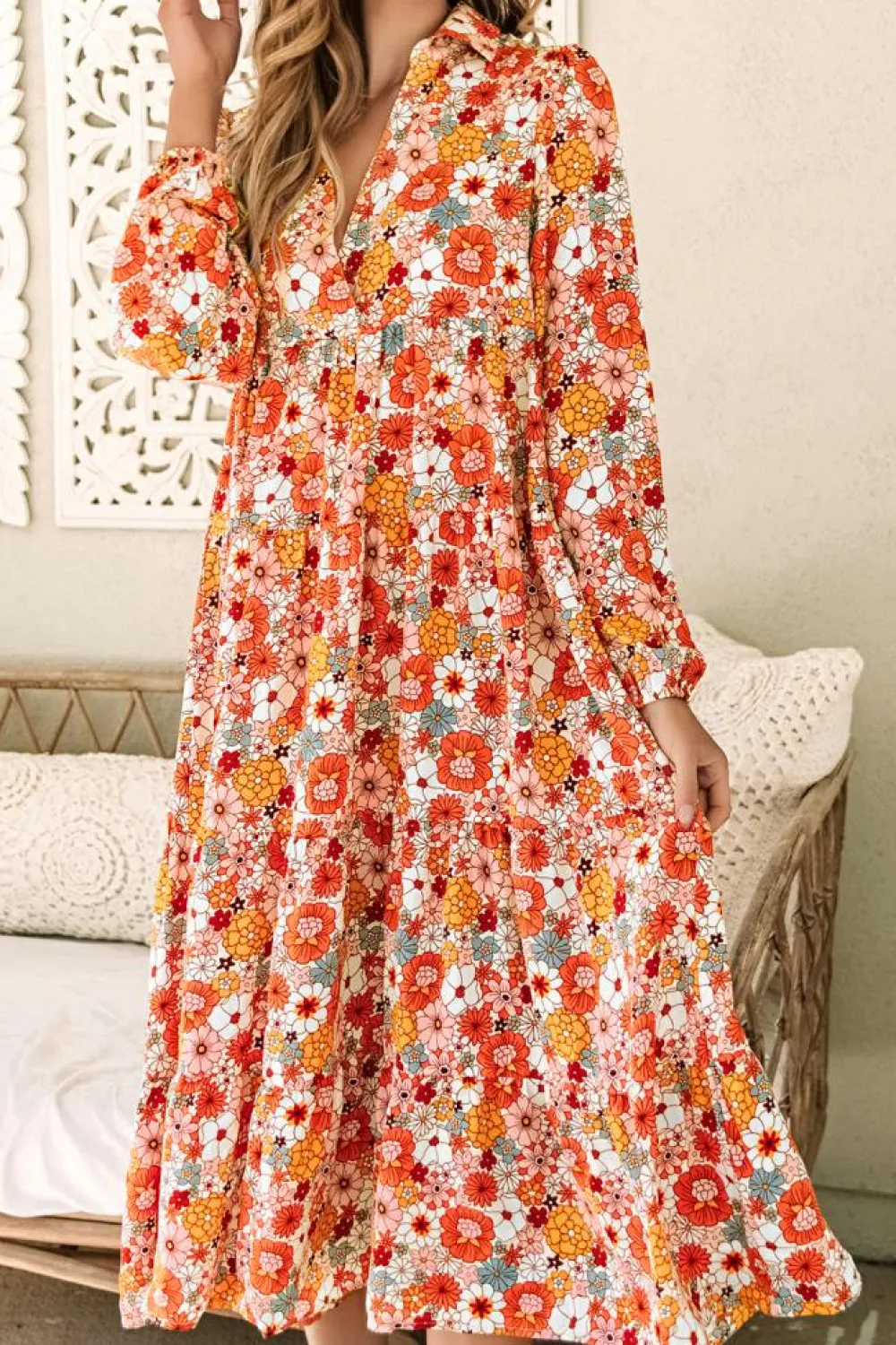 Discount Dear-Lover Boho Floral Collared Long Sleeve Ruffled Dress Multicolor