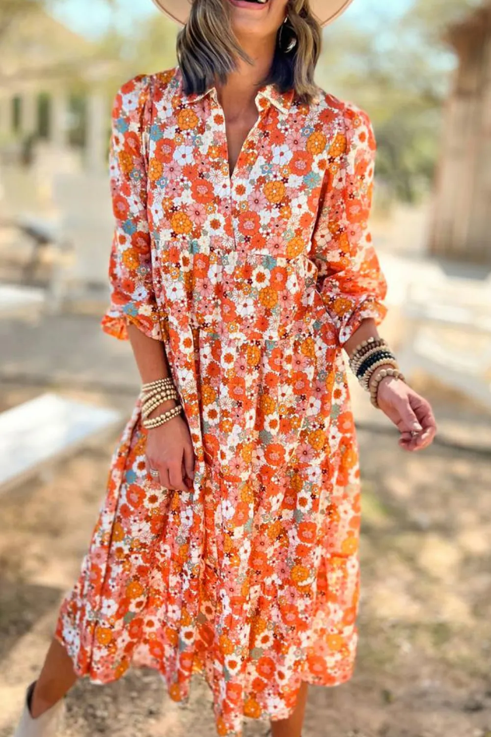 Discount Dear-Lover Boho Floral Collared Long Sleeve Ruffled Dress Multicolor