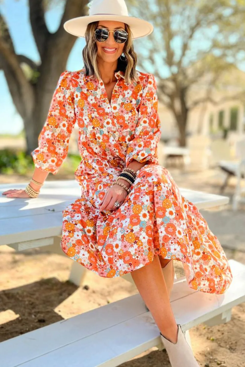 Discount Dear-Lover Boho Floral Collared Long Sleeve Ruffled Dress Multicolor