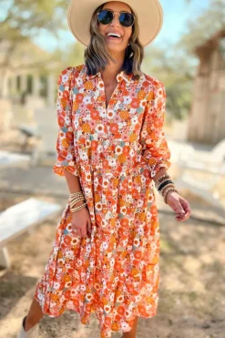 Discount Dear-Lover Boho Floral Collared Long Sleeve Ruffled Dress Multicolor