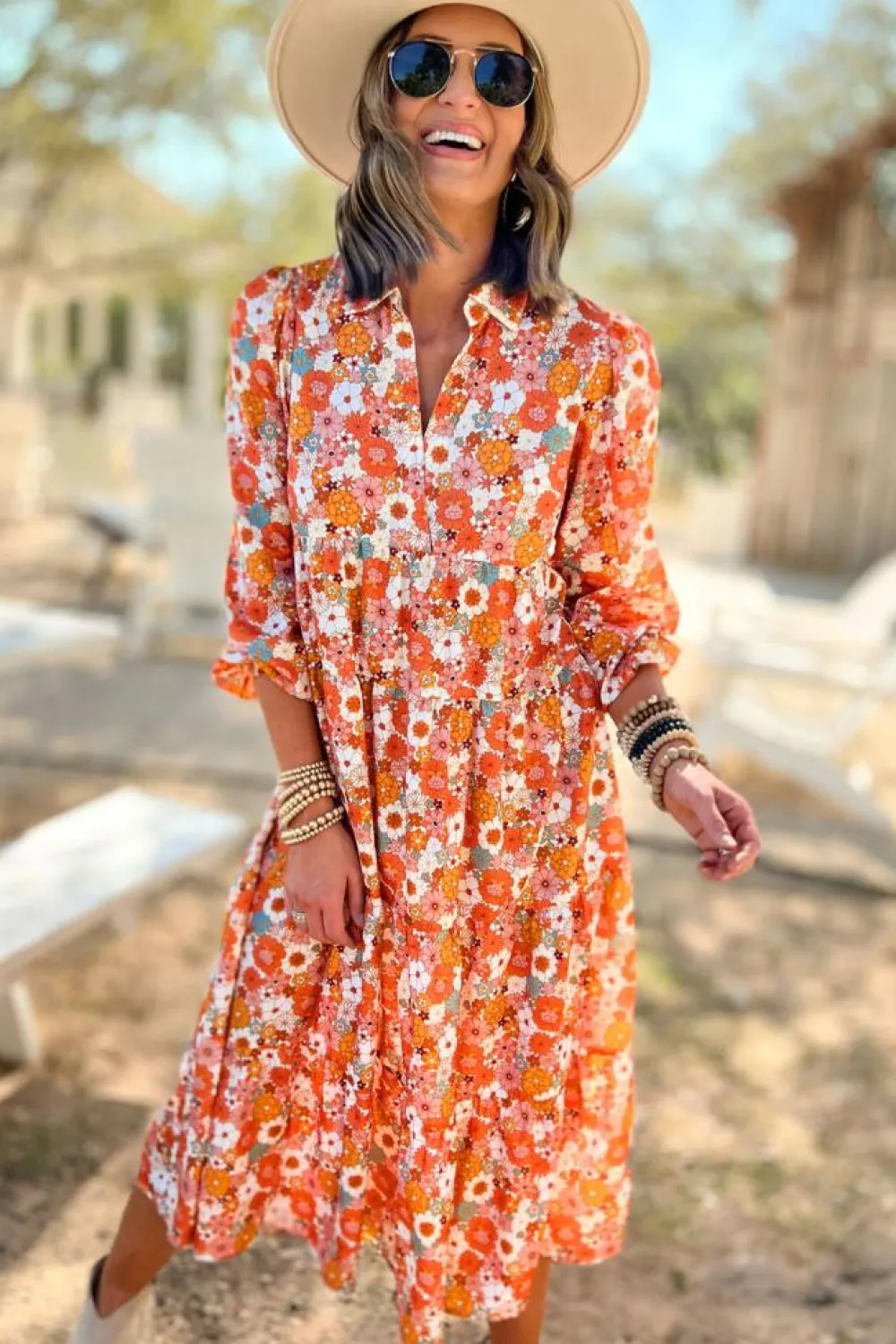 Discount Dear-Lover Boho Floral Collared Long Sleeve Ruffled Dress Multicolor