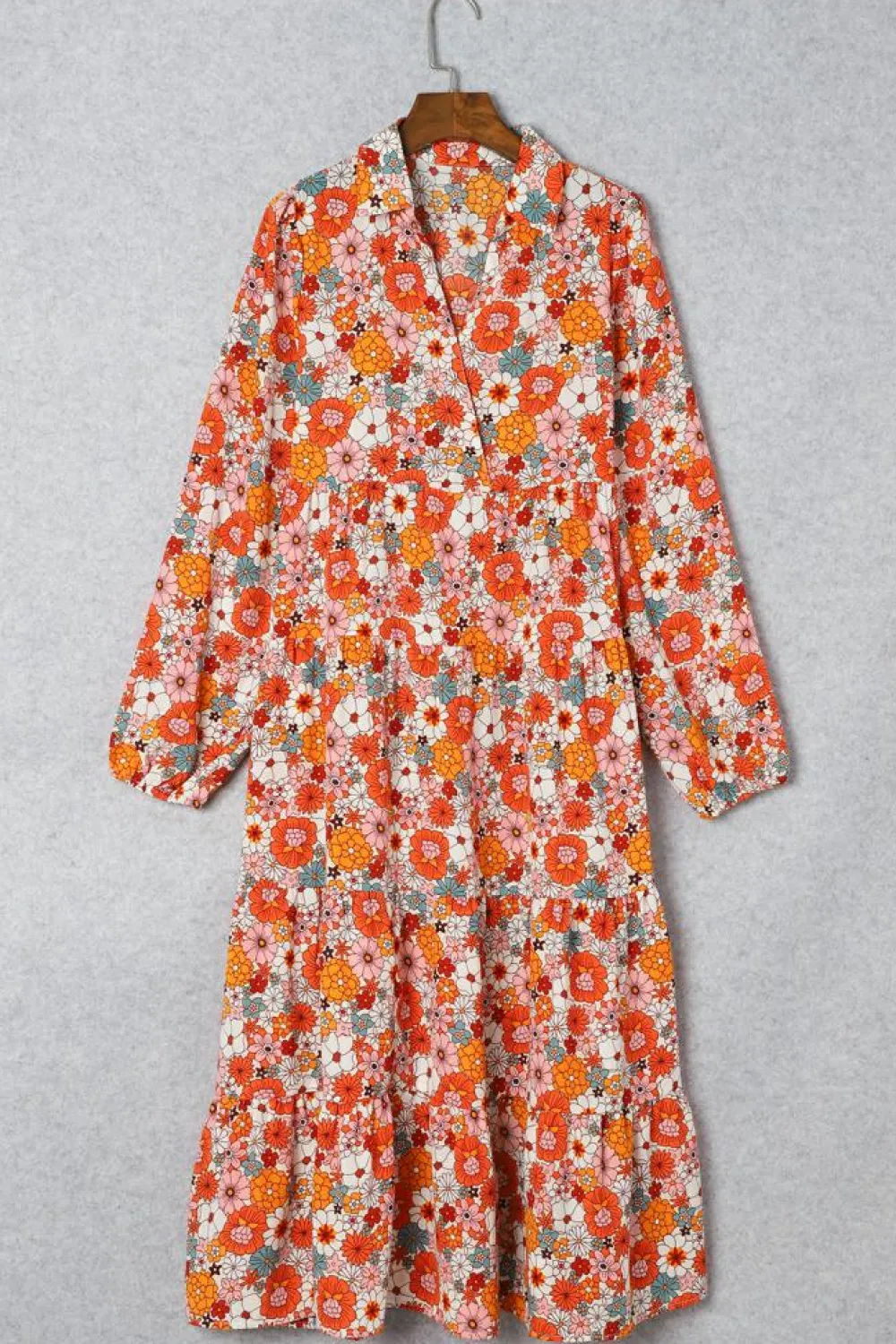 Discount Dear-Lover Boho Floral Collared Long Sleeve Ruffled Dress Multicolor
