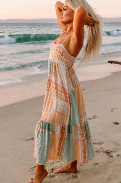 Outlet Dear-Lover Boho Patchwork Print Square Neck Sundress Multicolor