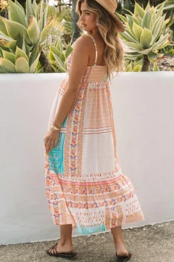 Outlet Dear-Lover Boho Patchwork Print Square Neck Sundress Multicolor