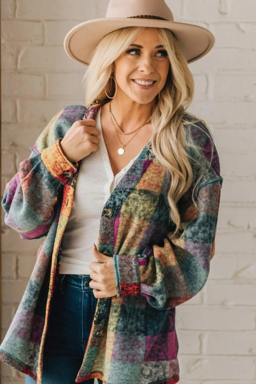 Hot Dear-Lover Brushed Checked Western Buttoned Jacket Multicolor
