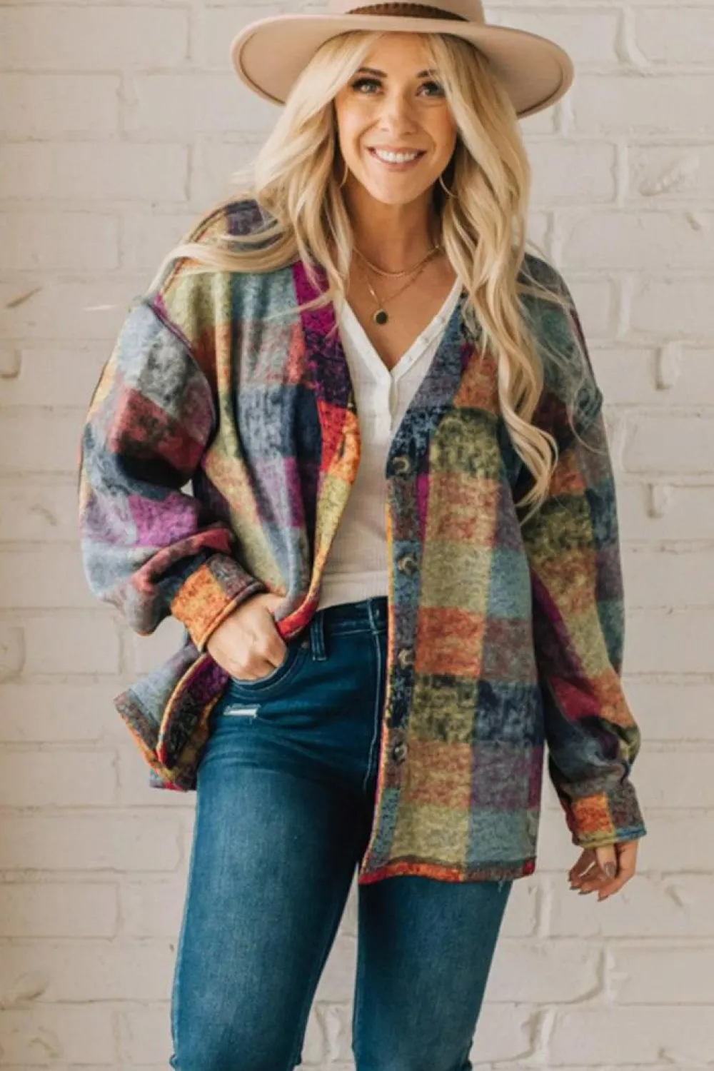 Hot Dear-Lover Brushed Checked Western Buttoned Jacket Multicolor