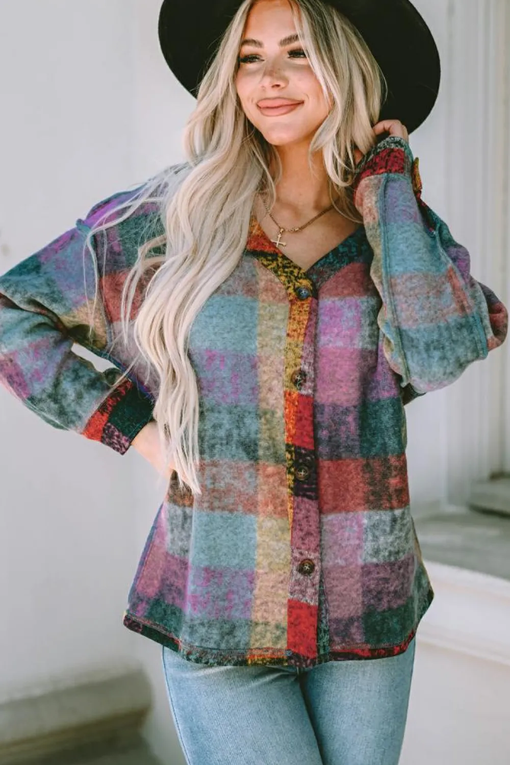 Hot Dear-Lover Brushed Checked Western Buttoned Jacket Multicolor