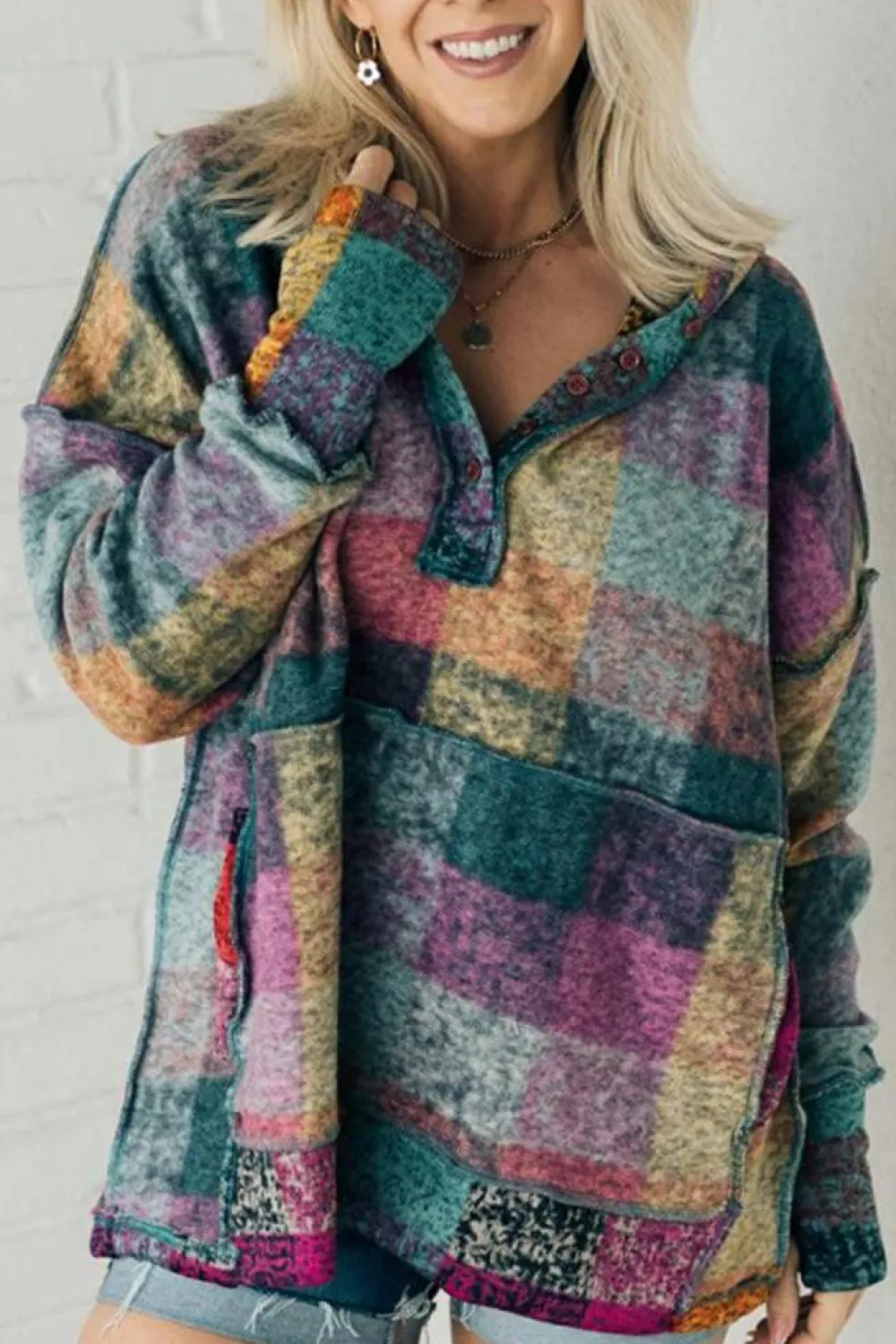 Fashion Dear-Lover Brushed Plaid Buttoned Pullover Oversized Hoodie Multicolor
