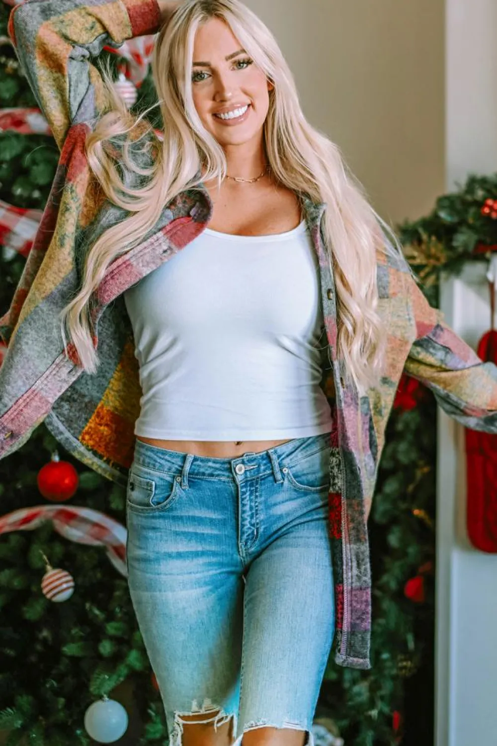 Discount Dear-Lover Brushed Plaid Pocketed Oversize Shacket Multicolor