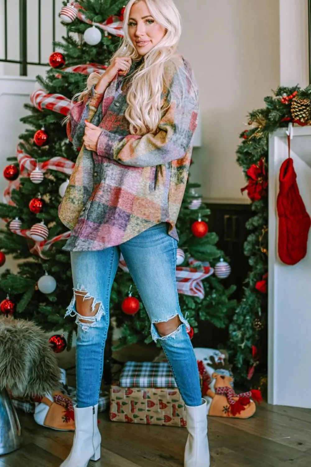 Discount Dear-Lover Brushed Plaid Pocketed Oversize Shacket Multicolor