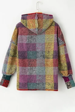 Fashion Dear-Lover Brushed Plaid Buttoned Pullover Oversized Hoodie Multicolor