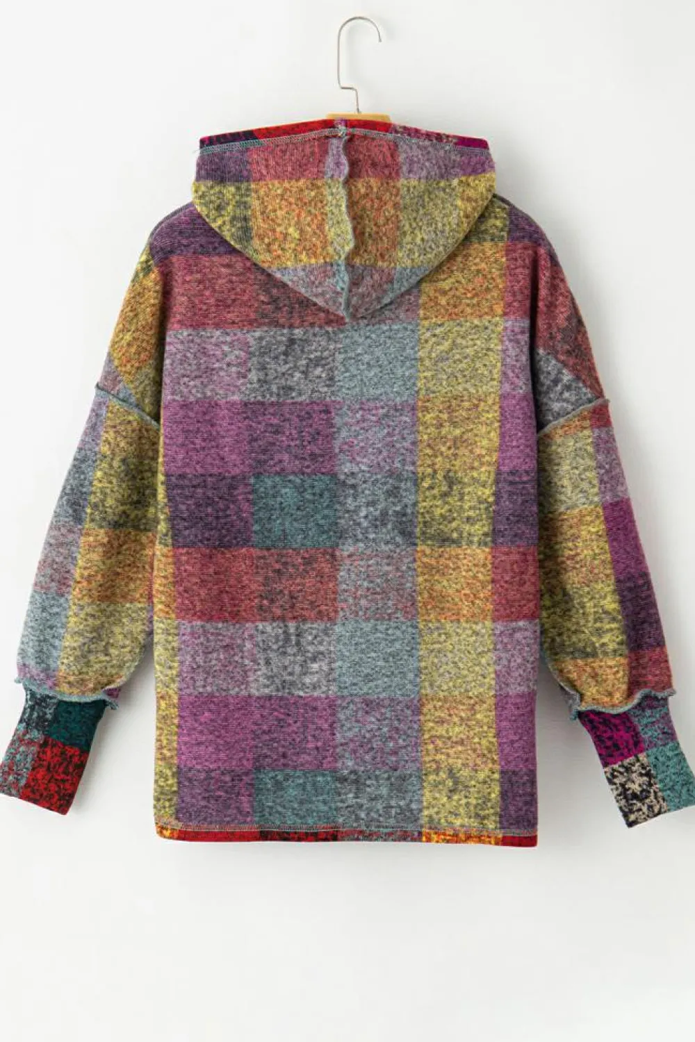 Fashion Dear-Lover Brushed Plaid Buttoned Pullover Oversized Hoodie Multicolor