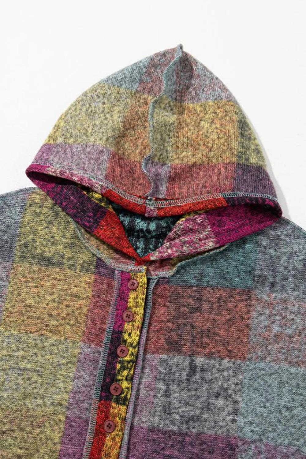 Fashion Dear-Lover Brushed Plaid Buttoned Pullover Oversized Hoodie Multicolor
