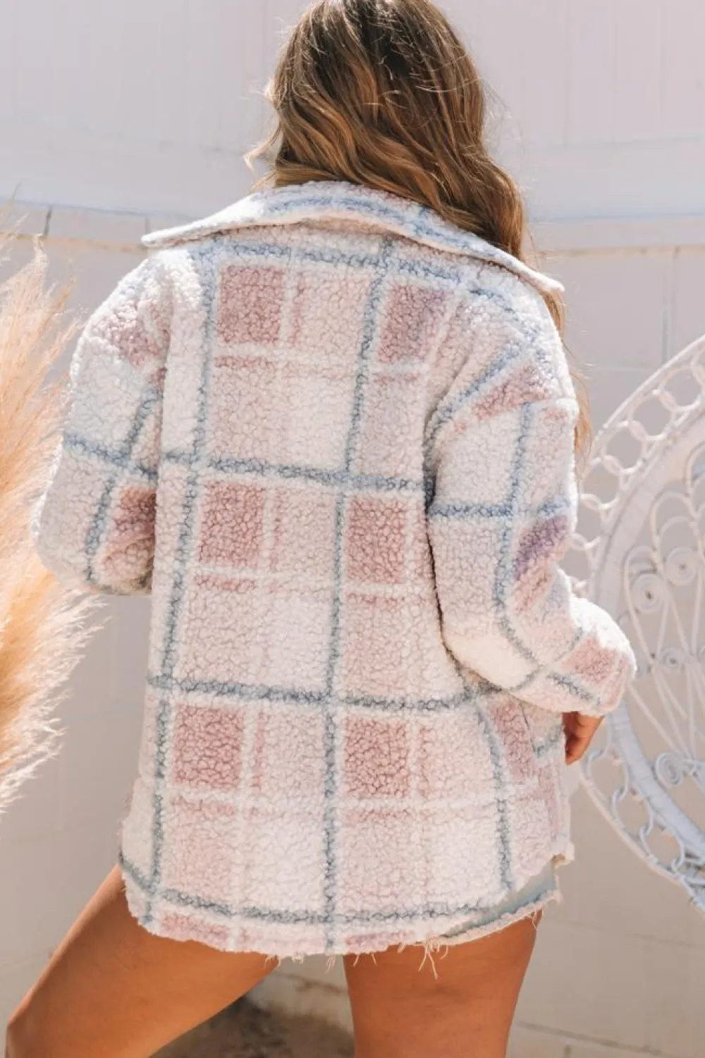 Best Dear-Lover Checker Print Turn Down Collar Sherpa Shacket Multicolor