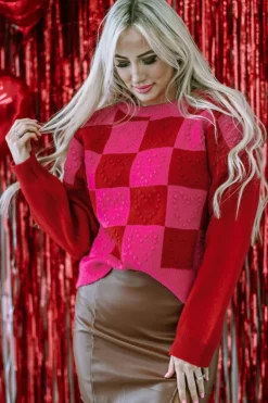 Sale Dear-Lover Checkered Pattern Heart Detail Textured Sweater Multicolor