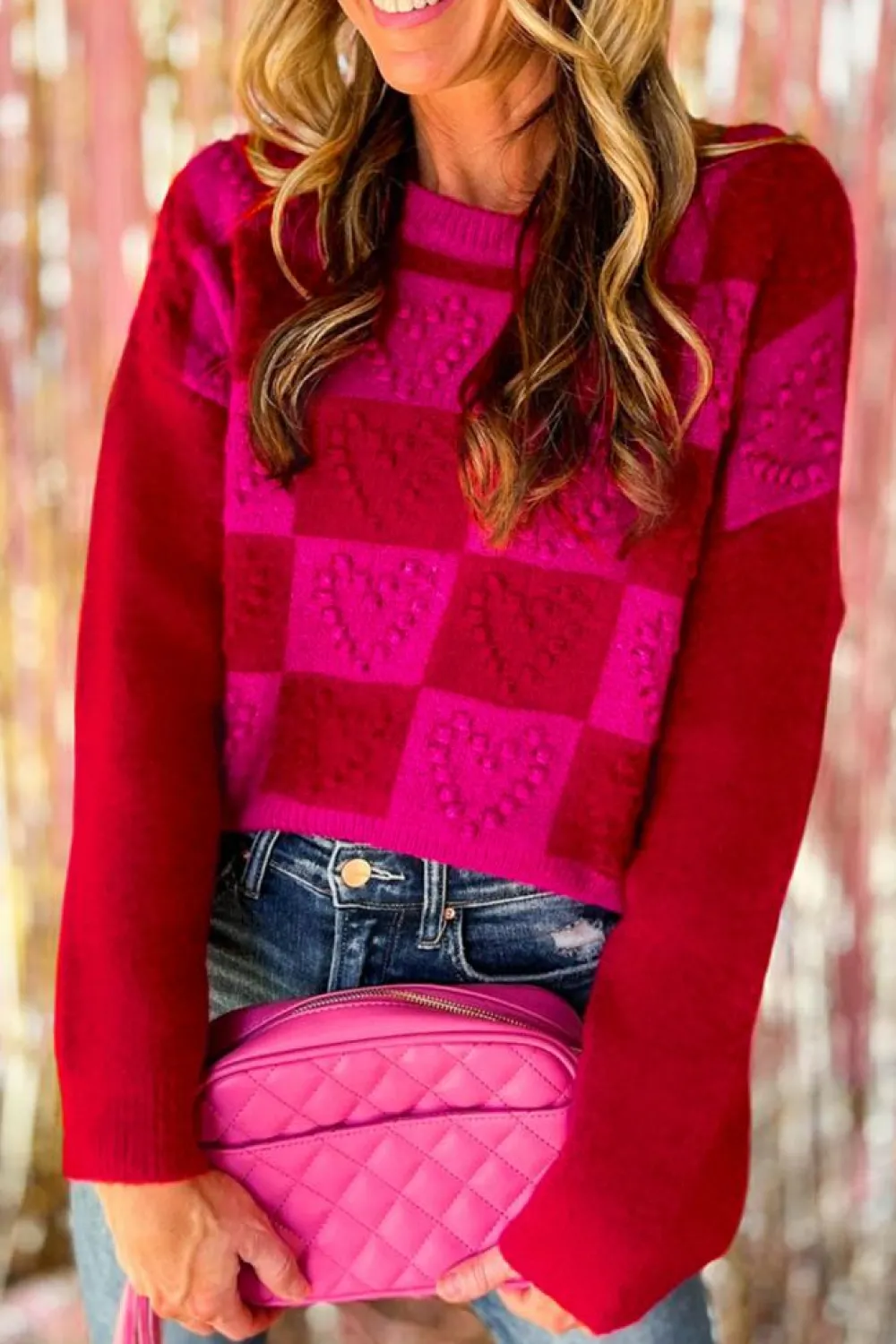 Sale Dear-Lover Checkered Pattern Heart Detail Textured Sweater Multicolor